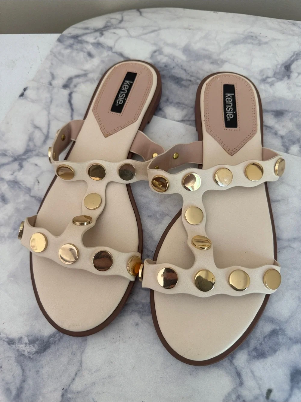 kensie Cream Slide Sandals with Gold Stud Accents